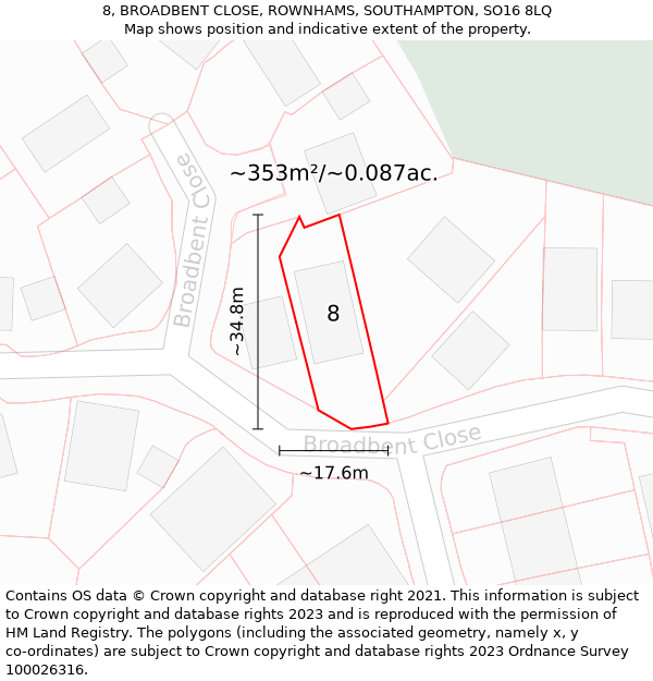 8, BROADBENT CLOSE, ROWNHAMS, SOUTHAMPTON, SO16 8LQ: Plot and title map