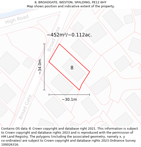 8, BROADGATE, WESTON, SPALDING, PE12 6HY: Plot and title map