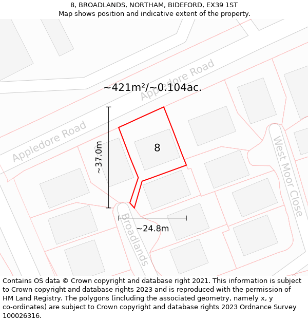 8, BROADLANDS, NORTHAM, BIDEFORD, EX39 1ST: Plot and title map