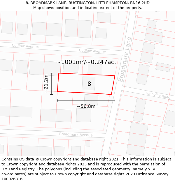 8, BROADMARK LANE, RUSTINGTON, LITTLEHAMPTON, BN16 2HD: Plot and title map