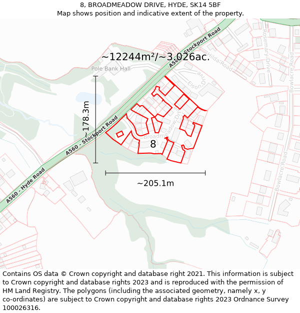 8, BROADMEADOW DRIVE, HYDE, SK14 5BF: Plot and title map