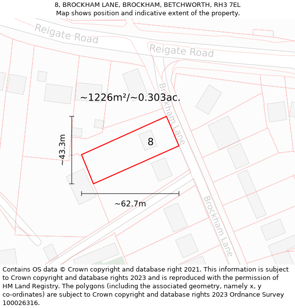 8, BROCKHAM LANE, BROCKHAM, BETCHWORTH, RH3 7EL: Plot and title map