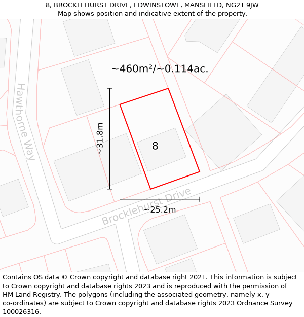 8, BROCKLEHURST DRIVE, EDWINSTOWE, MANSFIELD, NG21 9JW: Plot and title map