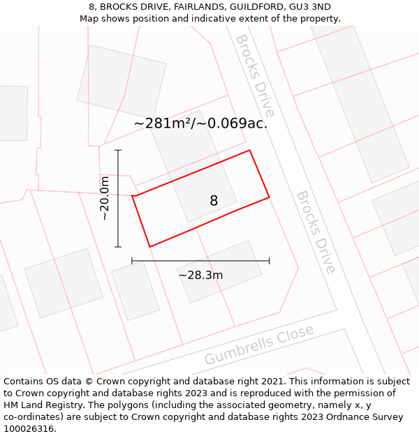 8, BROCKS DRIVE, FAIRLANDS, GUILDFORD, GU3 3ND: Plot and title map