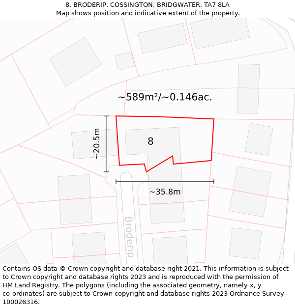 8, BRODERIP, COSSINGTON, BRIDGWATER, TA7 8LA: Plot and title map