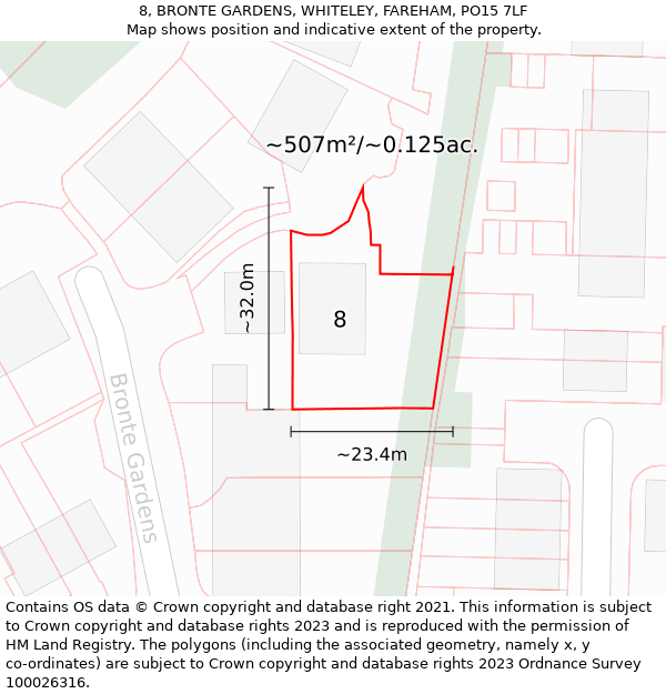 8, BRONTE GARDENS, WHITELEY, FAREHAM, PO15 7LF: Plot and title map