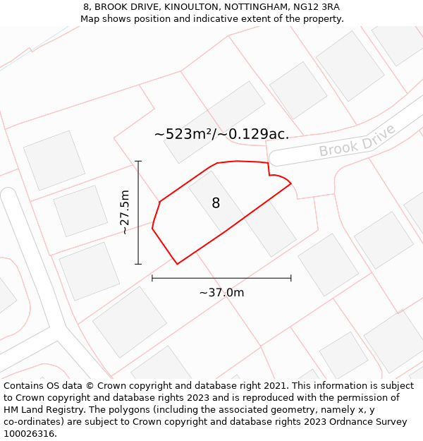 8, BROOK DRIVE, KINOULTON, NOTTINGHAM, NG12 3RA: Plot and title map