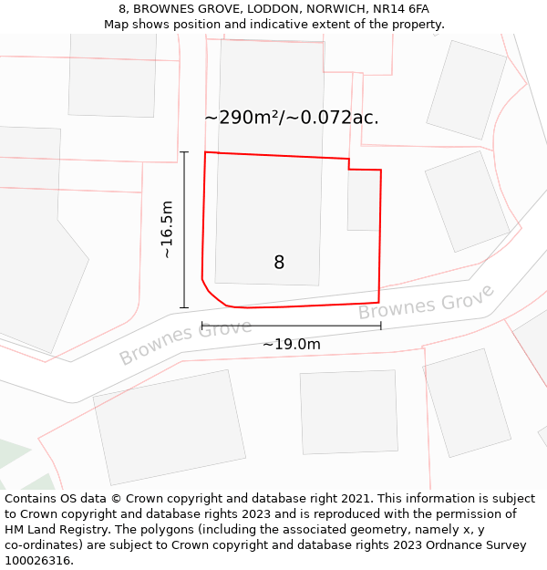 8, BROWNES GROVE, LODDON, NORWICH, NR14 6FA: Plot and title map