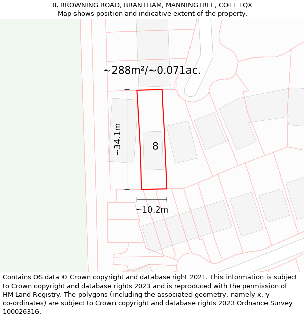 8, BROWNING ROAD, BRANTHAM, MANNINGTREE, CO11 1QX: Plot and title map