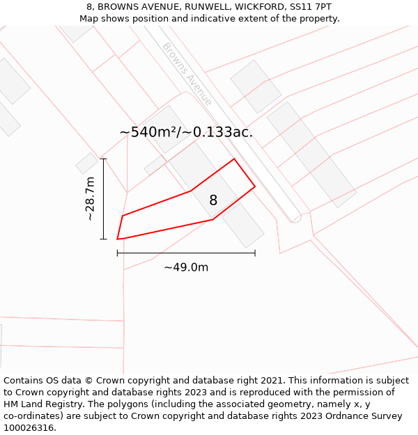 8, BROWNS AVENUE, RUNWELL, WICKFORD, SS11 7PT: Plot and title map