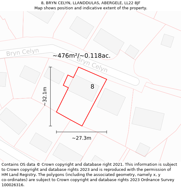 8, BRYN CELYN, LLANDDULAS, ABERGELE, LL22 8JF: Plot and title map