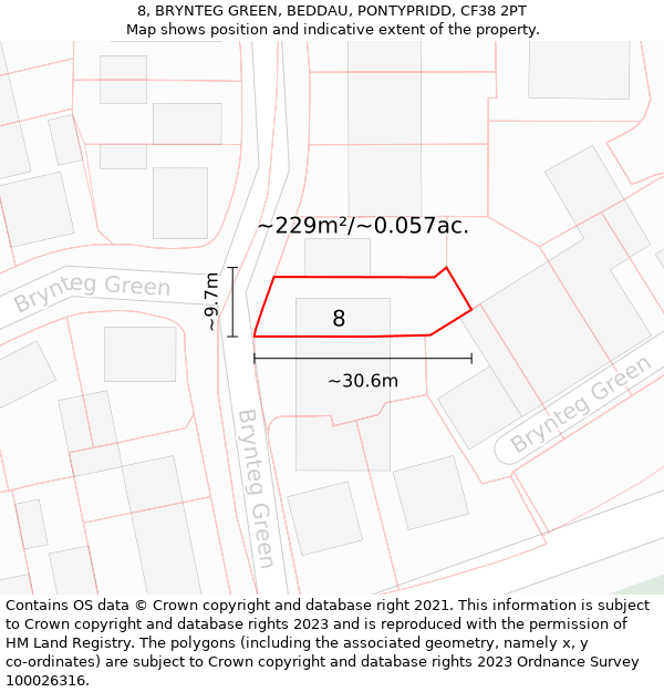 8, BRYNTEG GREEN, BEDDAU, PONTYPRIDD, CF38 2PT: Plot and title map