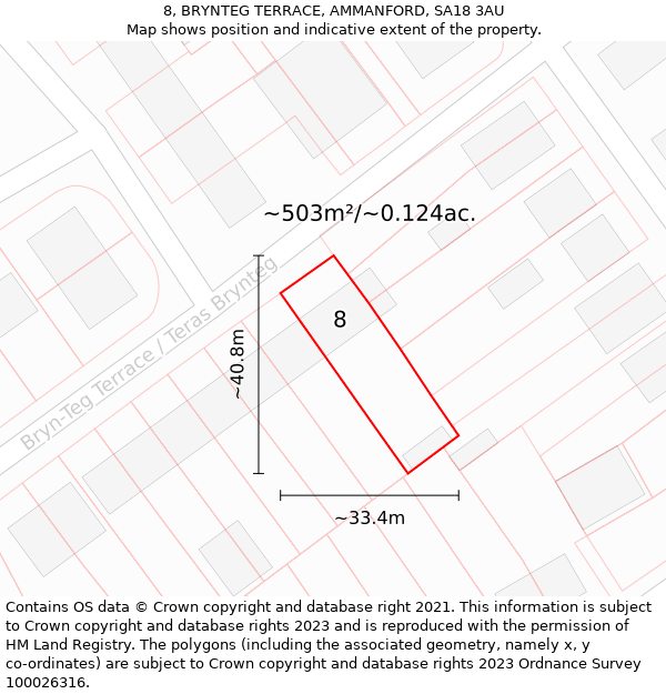 8, BRYNTEG TERRACE, AMMANFORD, SA18 3AU: Plot and title map