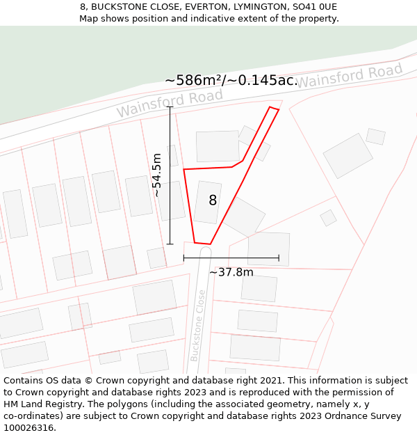 8, BUCKSTONE CLOSE, EVERTON, LYMINGTON, SO41 0UE: Plot and title map