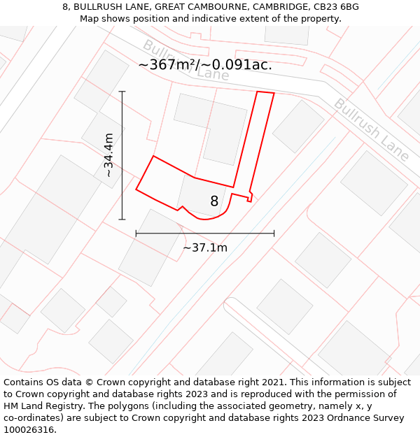 8, BULLRUSH LANE, GREAT CAMBOURNE, CAMBRIDGE, CB23 6BG: Plot and title map