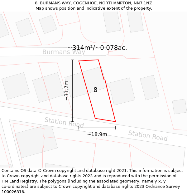 8, BURMANS WAY, COGENHOE, NORTHAMPTON, NN7 1NZ: Plot and title map