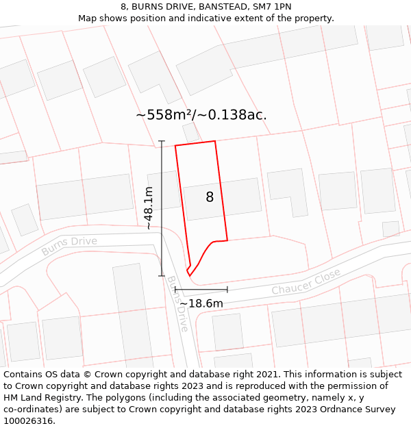 8, BURNS DRIVE, BANSTEAD, SM7 1PN: Plot and title map