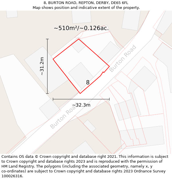 8, BURTON ROAD, REPTON, DERBY, DE65 6FL: Plot and title map