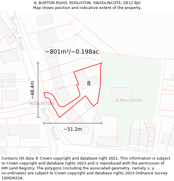 8, BURTON ROAD, ROSLISTON, SWADLINCOTE, DE12 8JU: Plot and title map