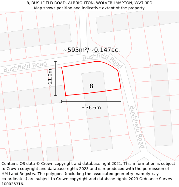 8, BUSHFIELD ROAD, ALBRIGHTON, WOLVERHAMPTON, WV7 3PD: Plot and title map