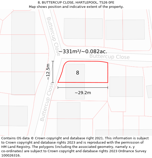 8, BUTTERCUP CLOSE, HARTLEPOOL, TS26 0FE: Plot and title map