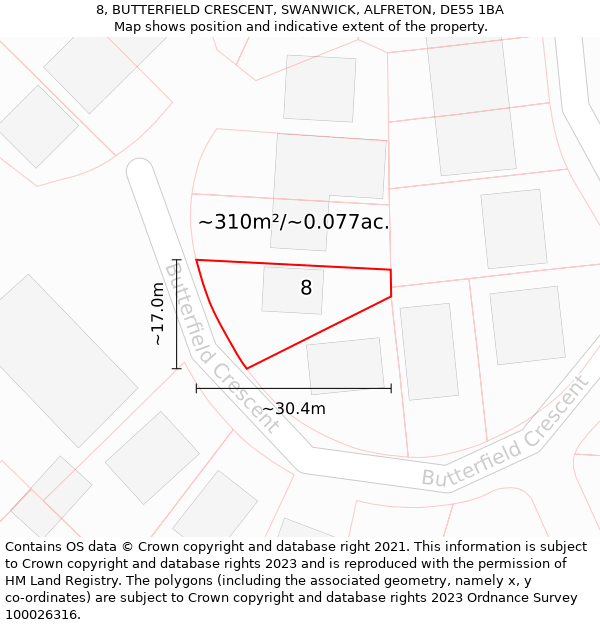 8, BUTTERFIELD CRESCENT, SWANWICK, ALFRETON, DE55 1BA: Plot and title map