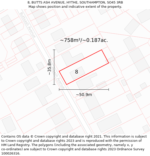 8, BUTTS ASH AVENUE, HYTHE, SOUTHAMPTON, SO45 3RB: Plot and title map