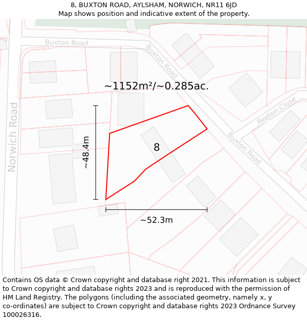 8, BUXTON ROAD, AYLSHAM, NORWICH, NR11 6JD: Plot and title map