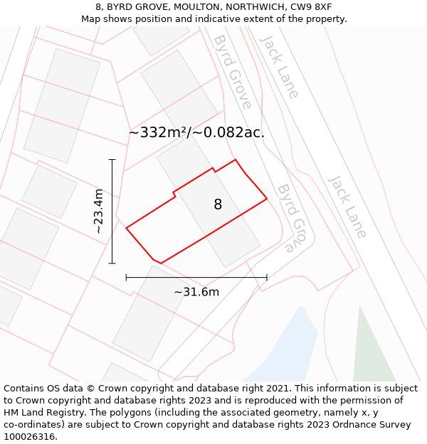 8, BYRD GROVE, MOULTON, NORTHWICH, CW9 8XF: Plot and title map