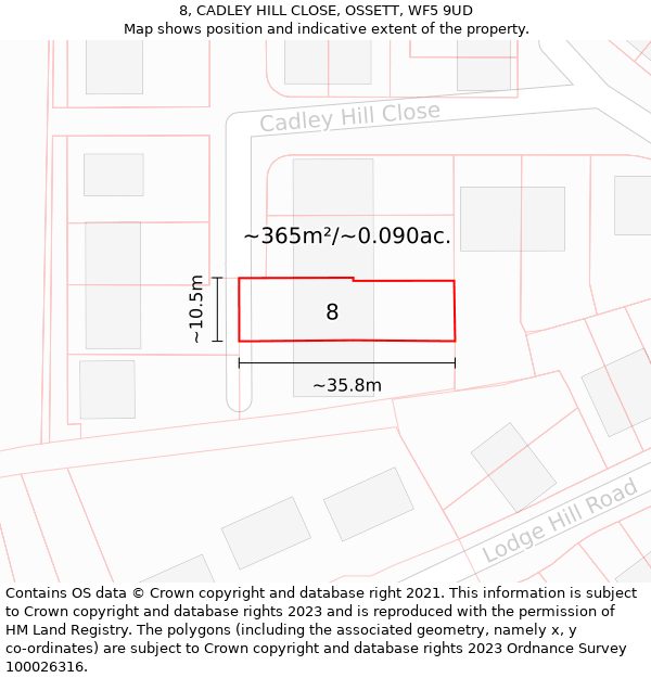 8, CADLEY HILL CLOSE, OSSETT, WF5 9UD: Plot and title map