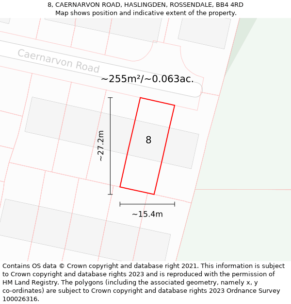 8, CAERNARVON ROAD, HASLINGDEN, ROSSENDALE, BB4 4RD: Plot and title map