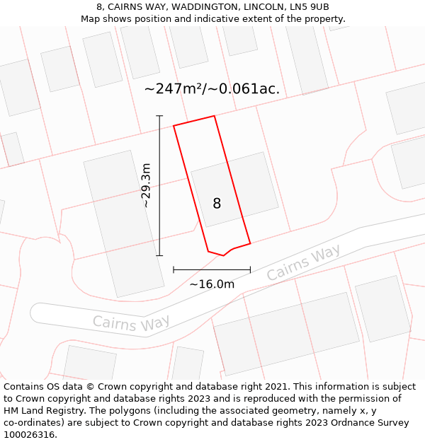 8, CAIRNS WAY, WADDINGTON, LINCOLN, LN5 9UB: Plot and title map