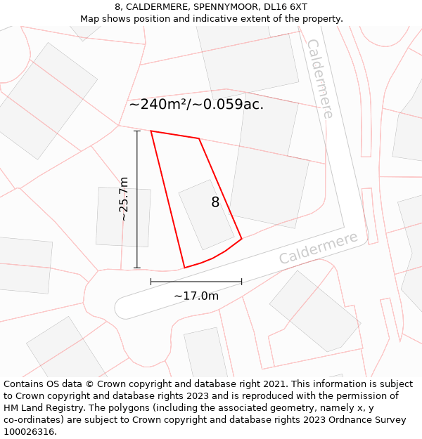 8, CALDERMERE, SPENNYMOOR, DL16 6XT: Plot and title map