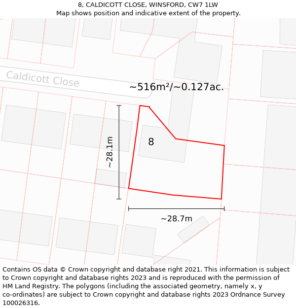8, CALDICOTT CLOSE, WINSFORD, CW7 1LW: Plot and title map