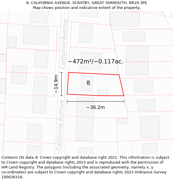 8, CALIFORNIA AVENUE, SCRATBY, GREAT YARMOUTH, NR29 3PE: Plot and title map