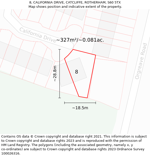 8, CALIFORNIA DRIVE, CATCLIFFE, ROTHERHAM, S60 5TX: Plot and title map