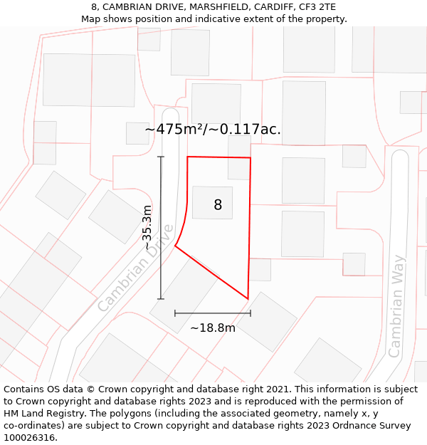 8, CAMBRIAN DRIVE, MARSHFIELD, CARDIFF, CF3 2TE: Plot and title map