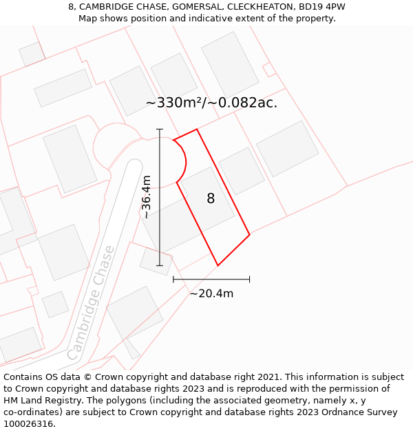 8, CAMBRIDGE CHASE, GOMERSAL, CLECKHEATON, BD19 4PW: Plot and title map