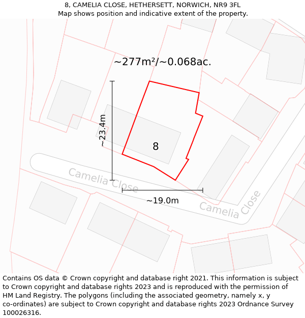 8, CAMELIA CLOSE, HETHERSETT, NORWICH, NR9 3FL: Plot and title map