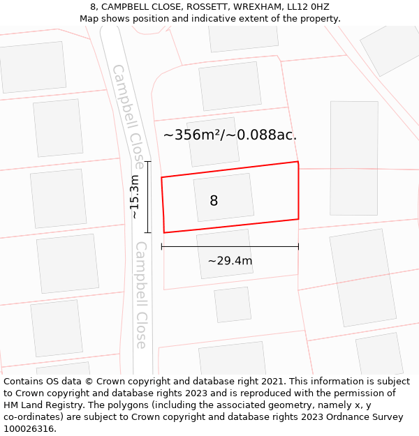 8, CAMPBELL CLOSE, ROSSETT, WREXHAM, LL12 0HZ: Plot and title map