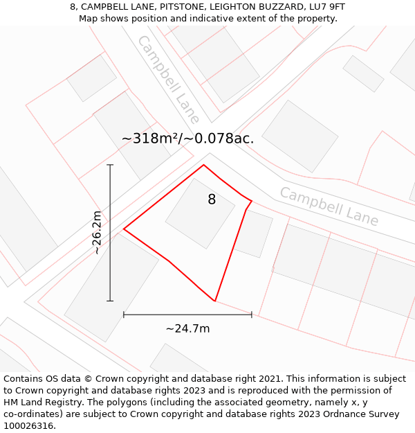 8, CAMPBELL LANE, PITSTONE, LEIGHTON BUZZARD, LU7 9FT: Plot and title map