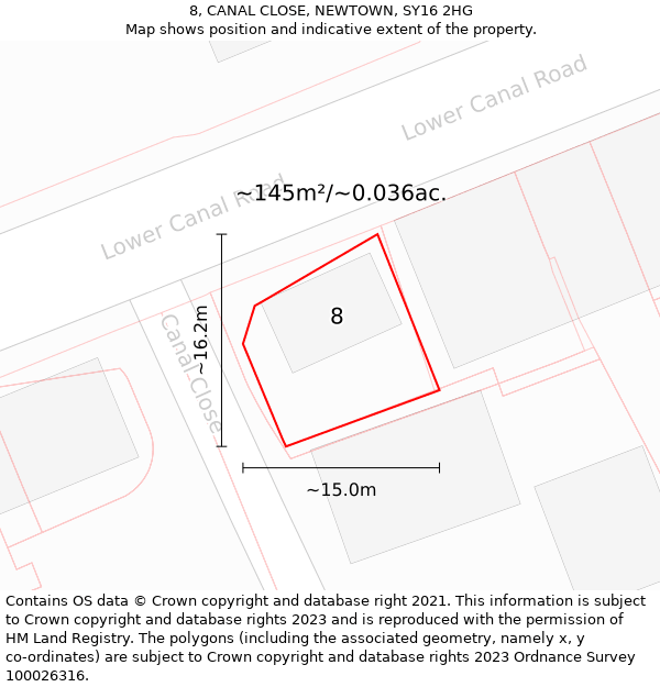 8, CANAL CLOSE, NEWTOWN, SY16 2HG: Plot and title map