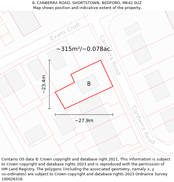 8, CANBERRA ROAD, SHORTSTOWN, BEDFORD, MK42 0UZ: Plot and title map