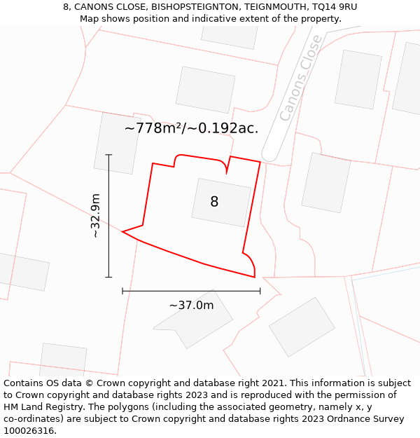 8, CANONS CLOSE, BISHOPSTEIGNTON, TEIGNMOUTH, TQ14 9RU: Plot and title map