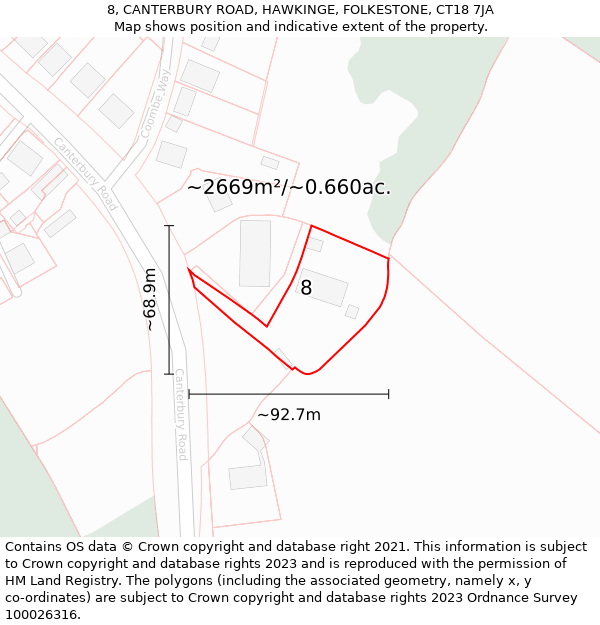 8, CANTERBURY ROAD, HAWKINGE, FOLKESTONE, CT18 7JA: Plot and title map