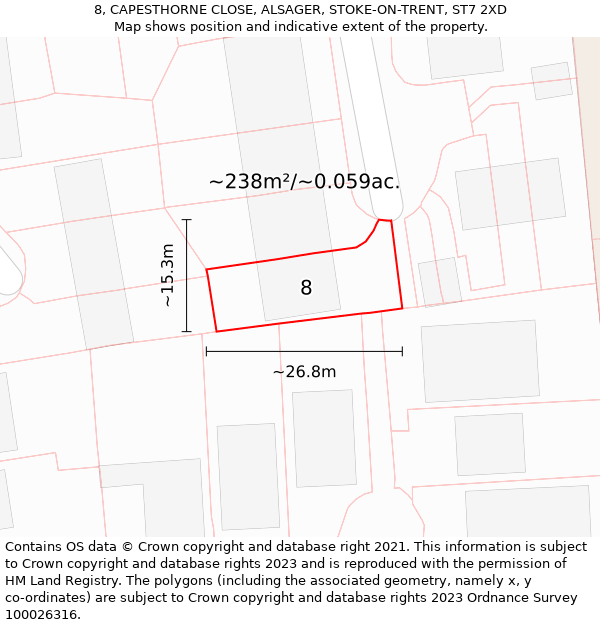 8, CAPESTHORNE CLOSE, ALSAGER, STOKE-ON-TRENT, ST7 2XD: Plot and title map
