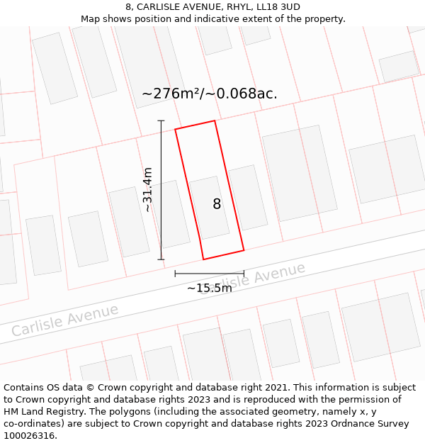 8, CARLISLE AVENUE, RHYL, LL18 3UD: Plot and title map