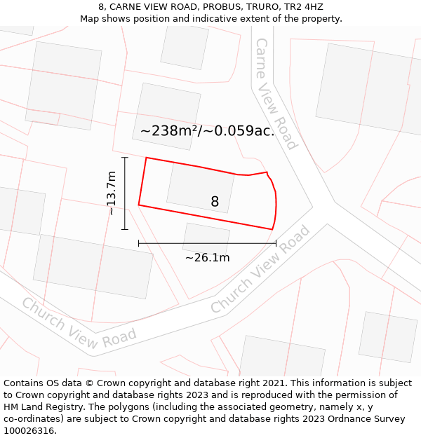 8, CARNE VIEW ROAD, PROBUS, TRURO, TR2 4HZ: Plot and title map