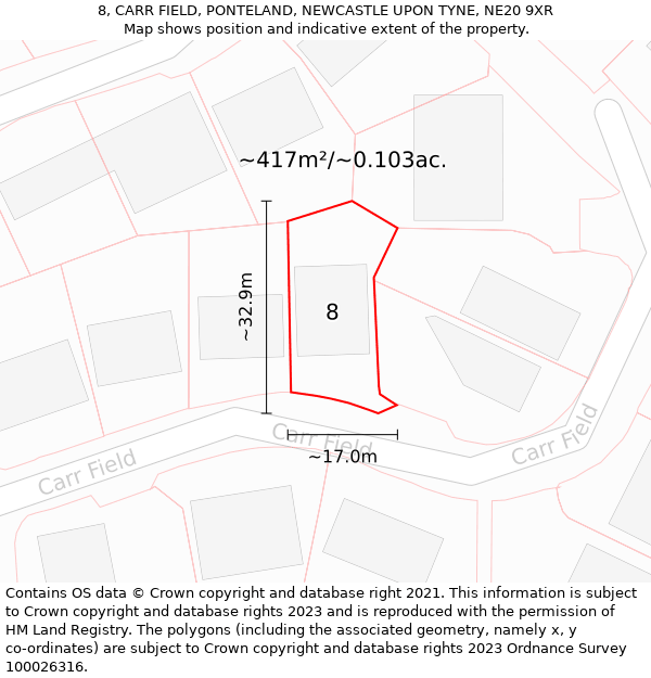 8, CARR FIELD, PONTELAND, NEWCASTLE UPON TYNE, NE20 9XR: Plot and title map