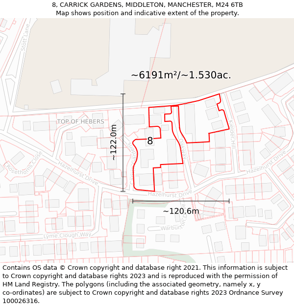 8, CARRICK GARDENS, MIDDLETON, MANCHESTER, M24 6TB: Plot and title map